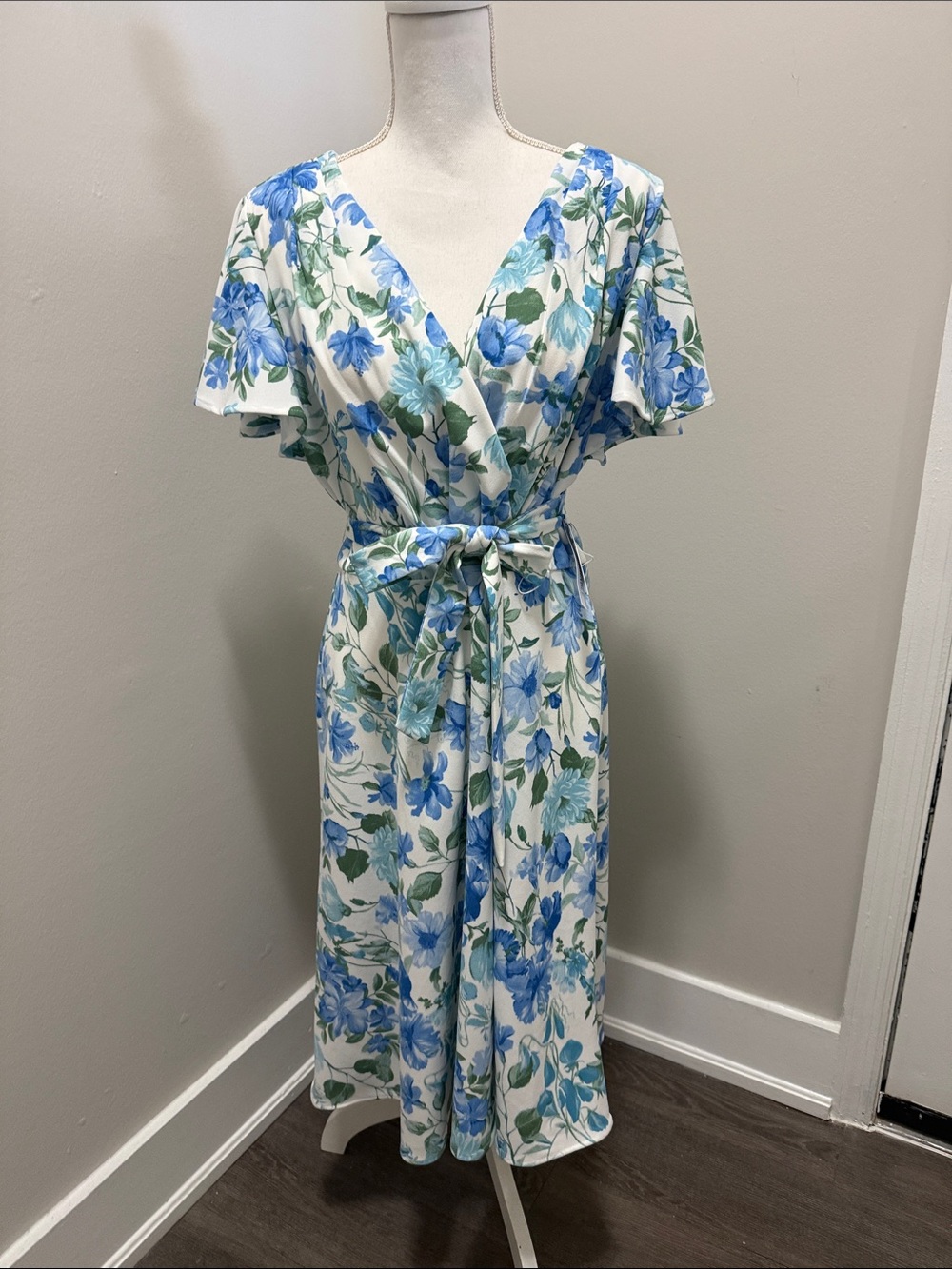 Shelby & Palmer White Midi Dress with Blue Floral Print